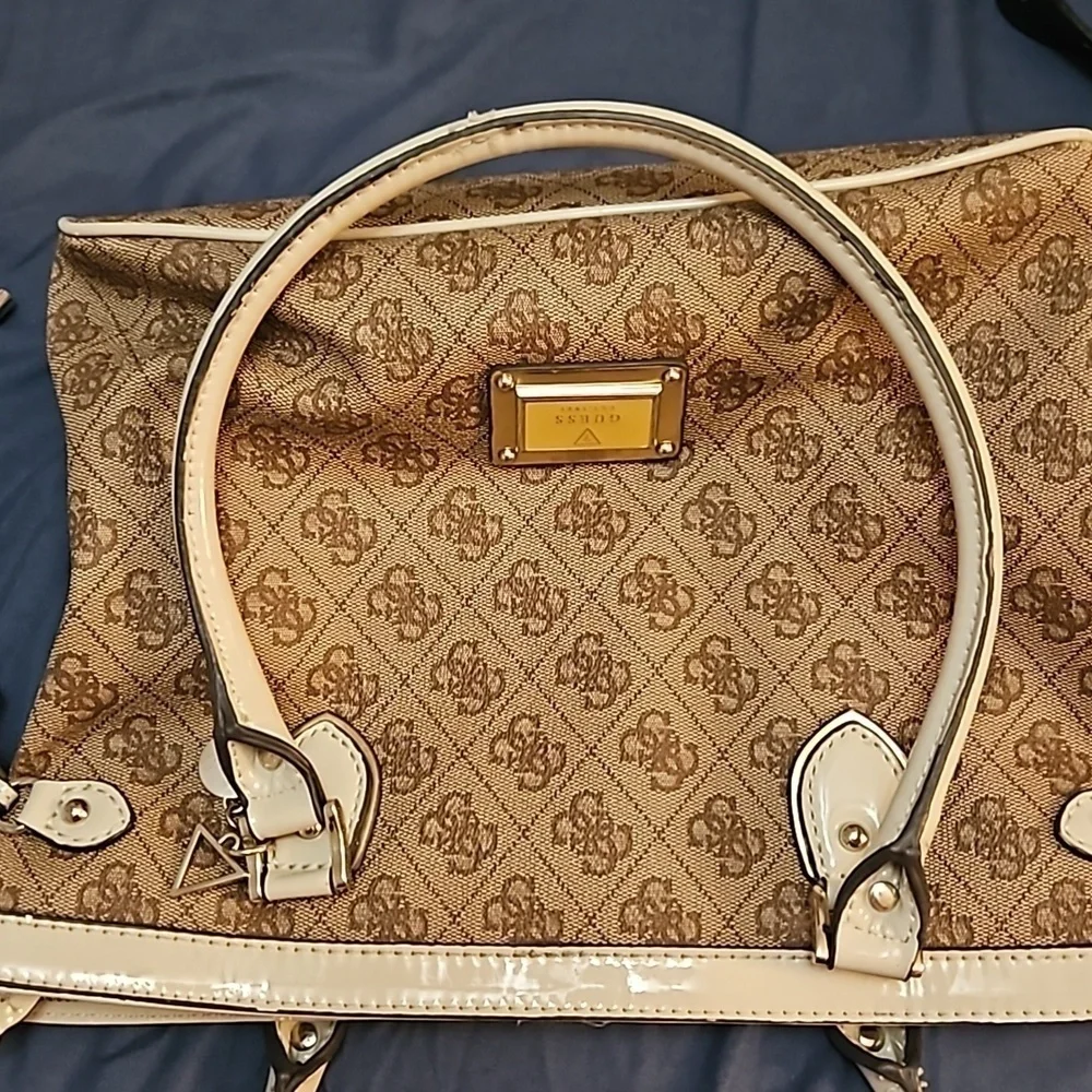 VTG GUESS 1990s Brown Cream Trim Logo Monogram Reama Tote Bag